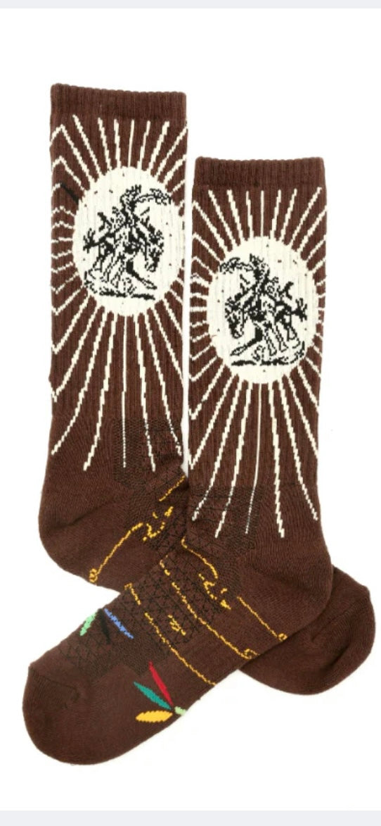 Western Boot Socks || Fringe Bucking Bronc Brown